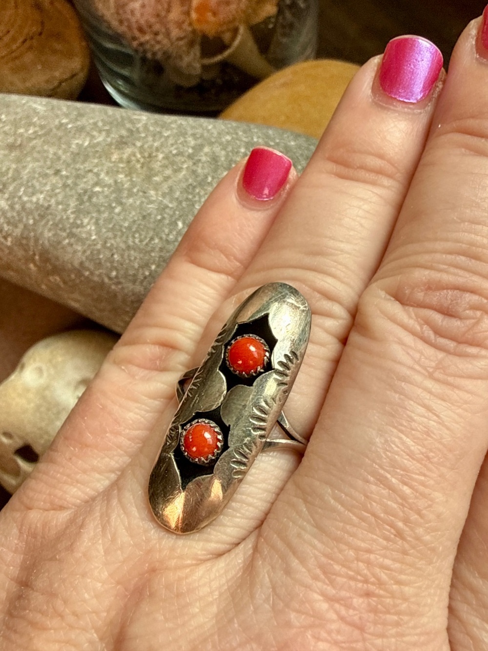 Vintage Navajo coral shadowbox stamped ring